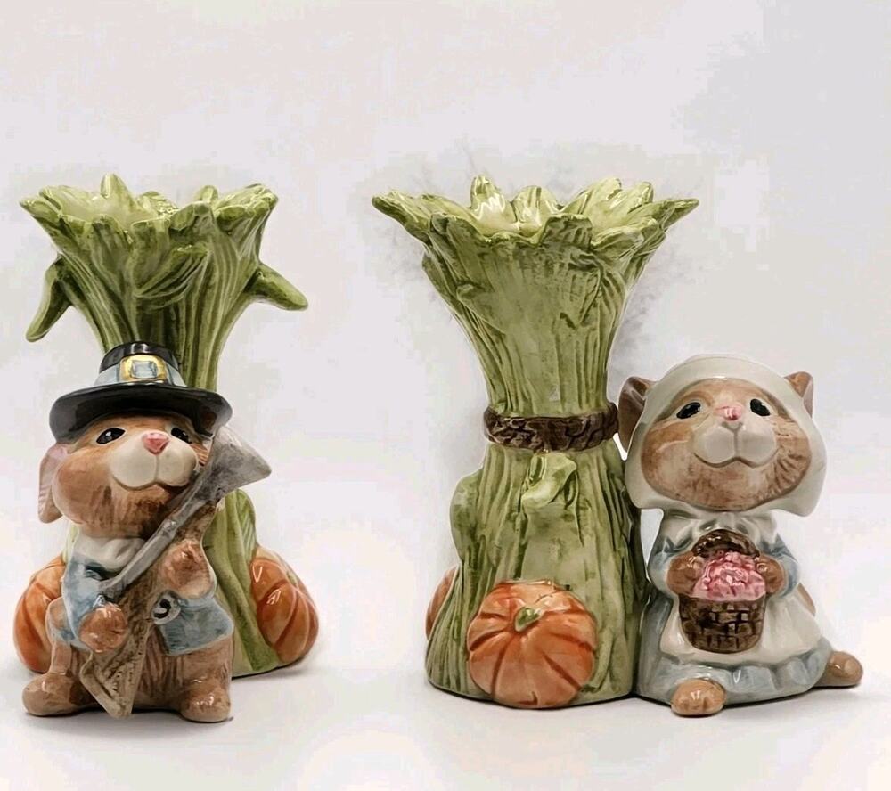 Fitz & Floyd Mayflower Mouse Candle Holder Set Thanksgiving Pilgrim VTG 1993